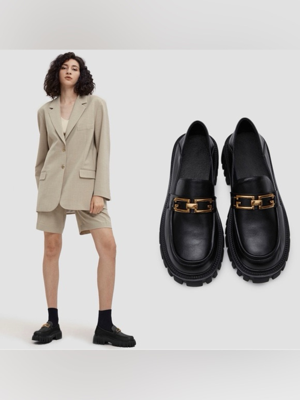 Black Chunky Leather Loafers with Gold Chain Accent